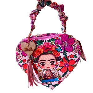 Frida Kahlo pink floral heart shape crossbody handbag women medium